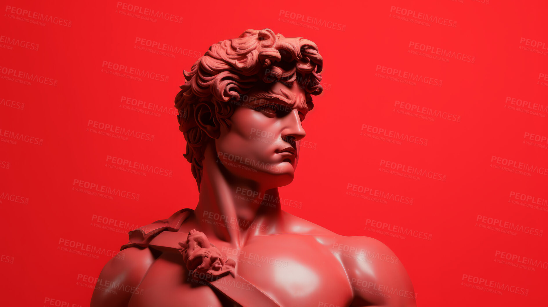 Buy stock photo Sculpture or statue of David with angry or annoyed expression on red background