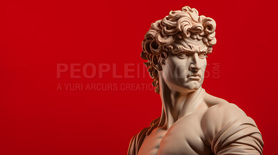Sculpture or statue of David with angry or annoyed expression on red background