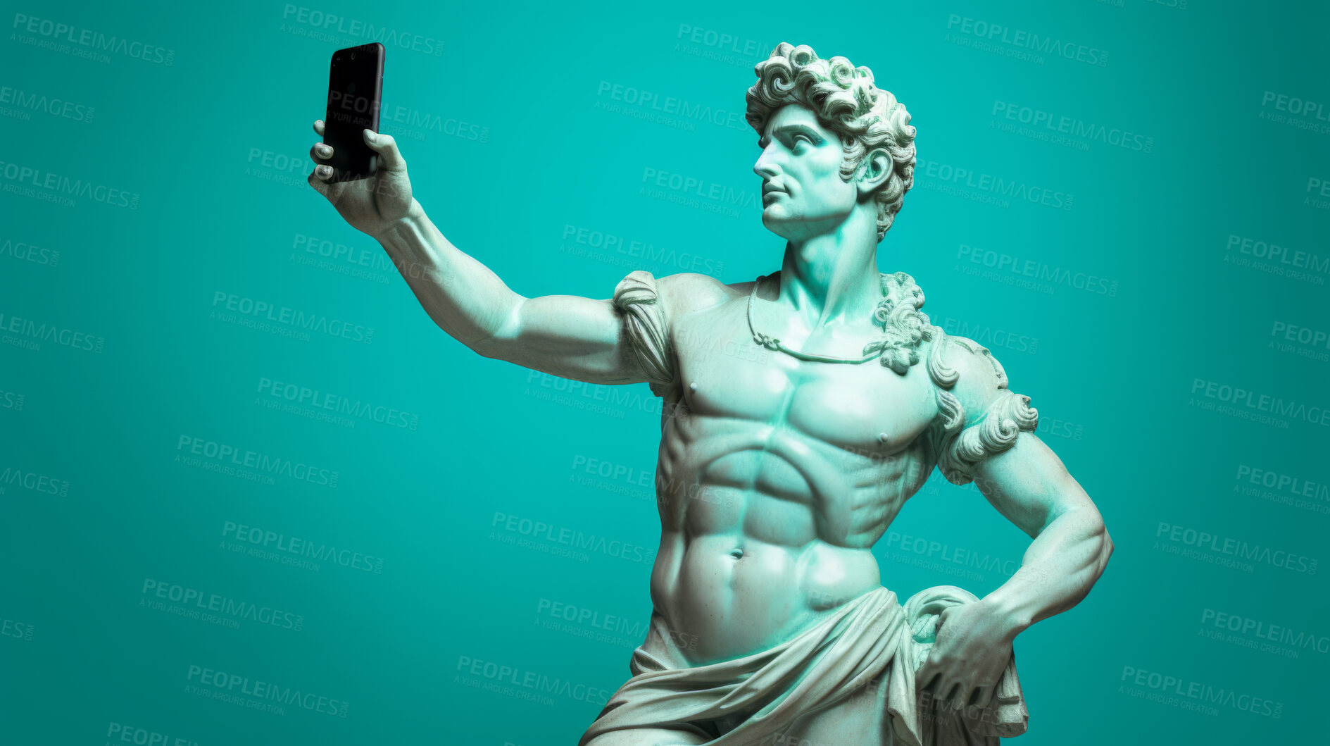 Buy stock photo Sculpture or statue of David taking a selfie on a cellphone against a blue background