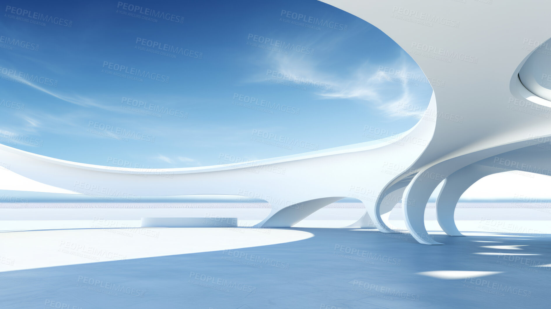 Buy stock photo Render of futuristic architecture design detail with blue sky in background for showroom