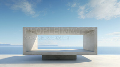 Render of futuristic architecture of cement frame with blue sky in background for showroom
