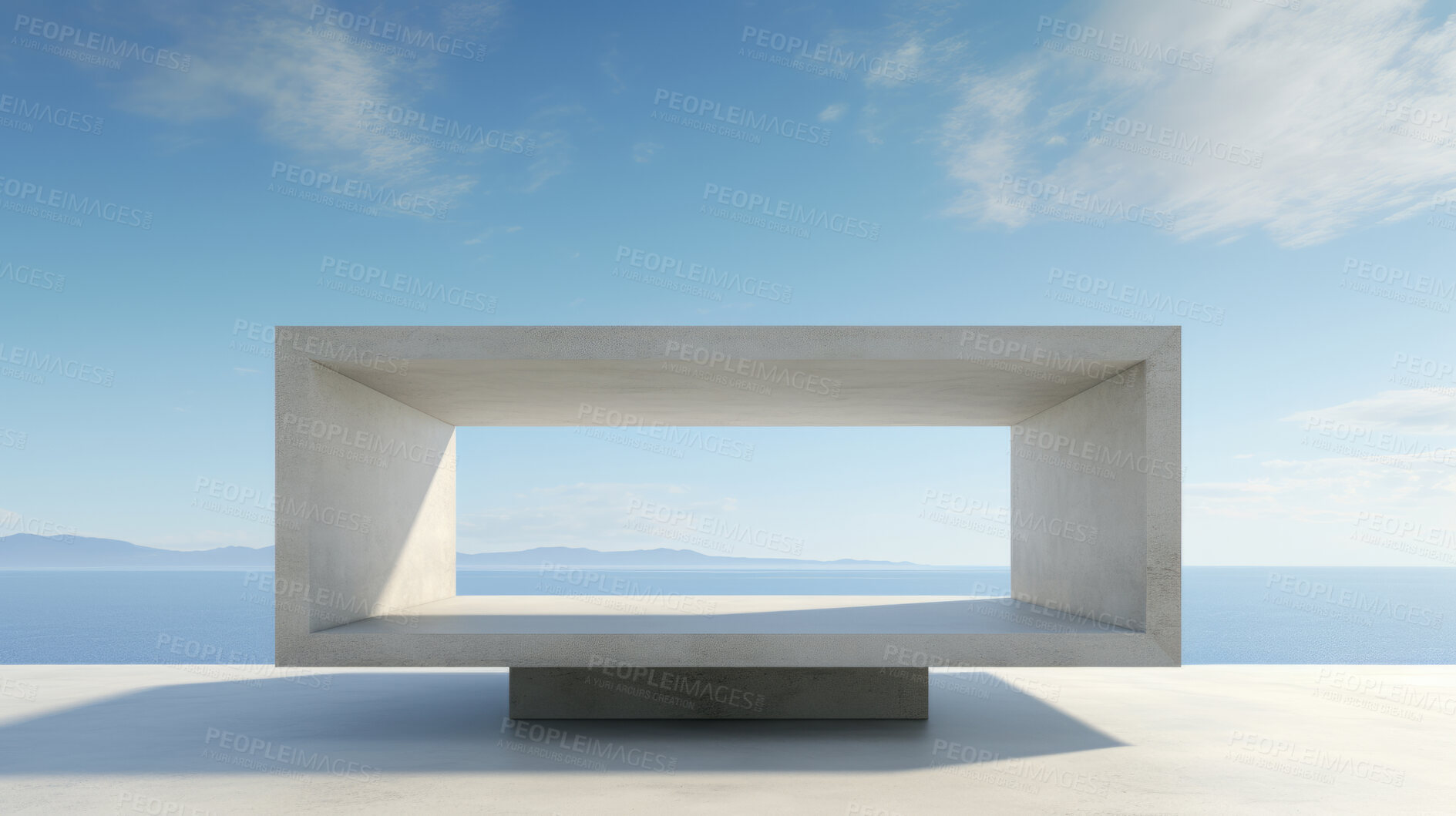 Buy stock photo Render of futuristic architecture of cement frame with blue sky in background for showroom