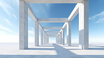 Render of futuristic architecture of cement frame with blue sky in background for showroom