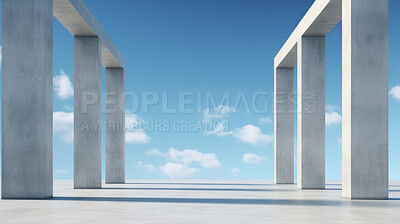 Render of futuristic architecture of cement frame with blue sky in background for showroom