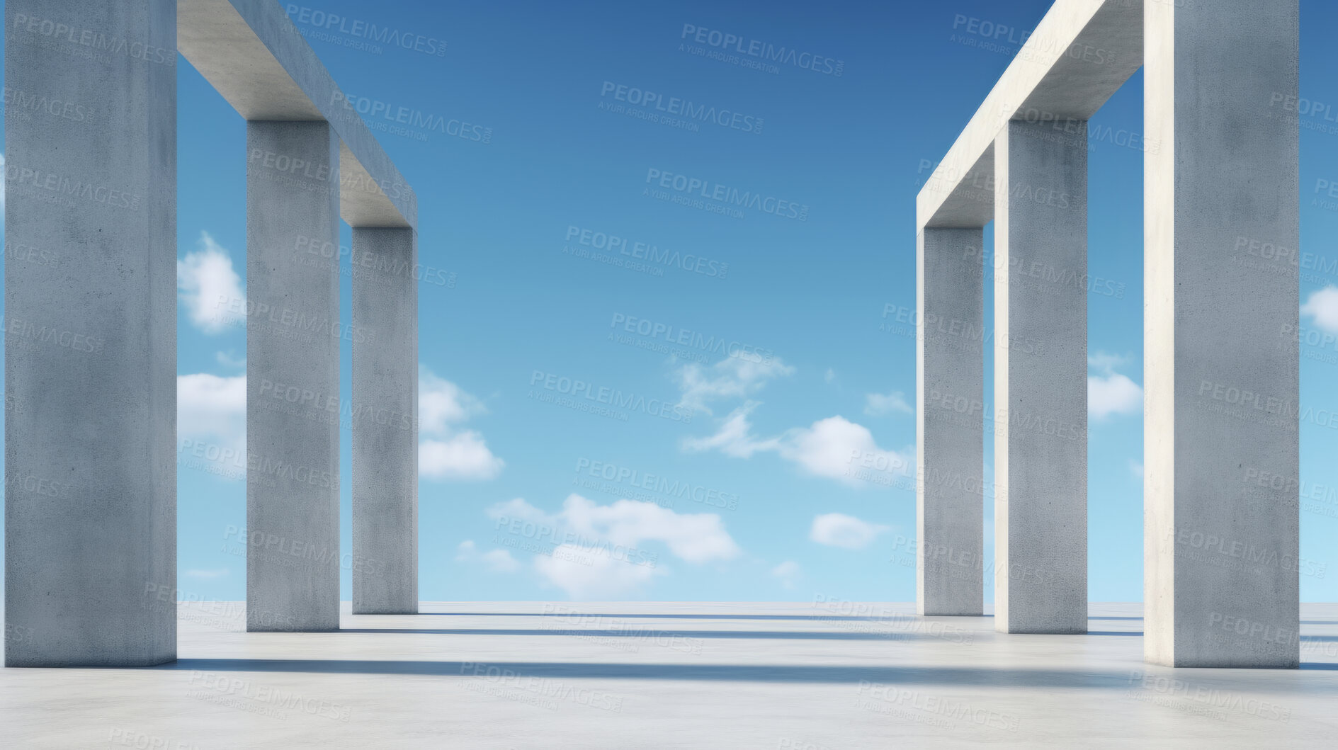 Buy stock photo Render of futuristic architecture of cement frame with blue sky in background for showroom