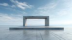 Render of futuristic architecture of cement frame with blue sky in background for showroom