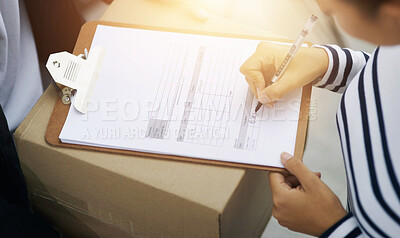 Buy stock photo Closeup, clipboard and woman with a package, delivery and logistics with a box, stock and distribution. Zoom, female person and courier with parcel, writing and shipping with supply chain and service