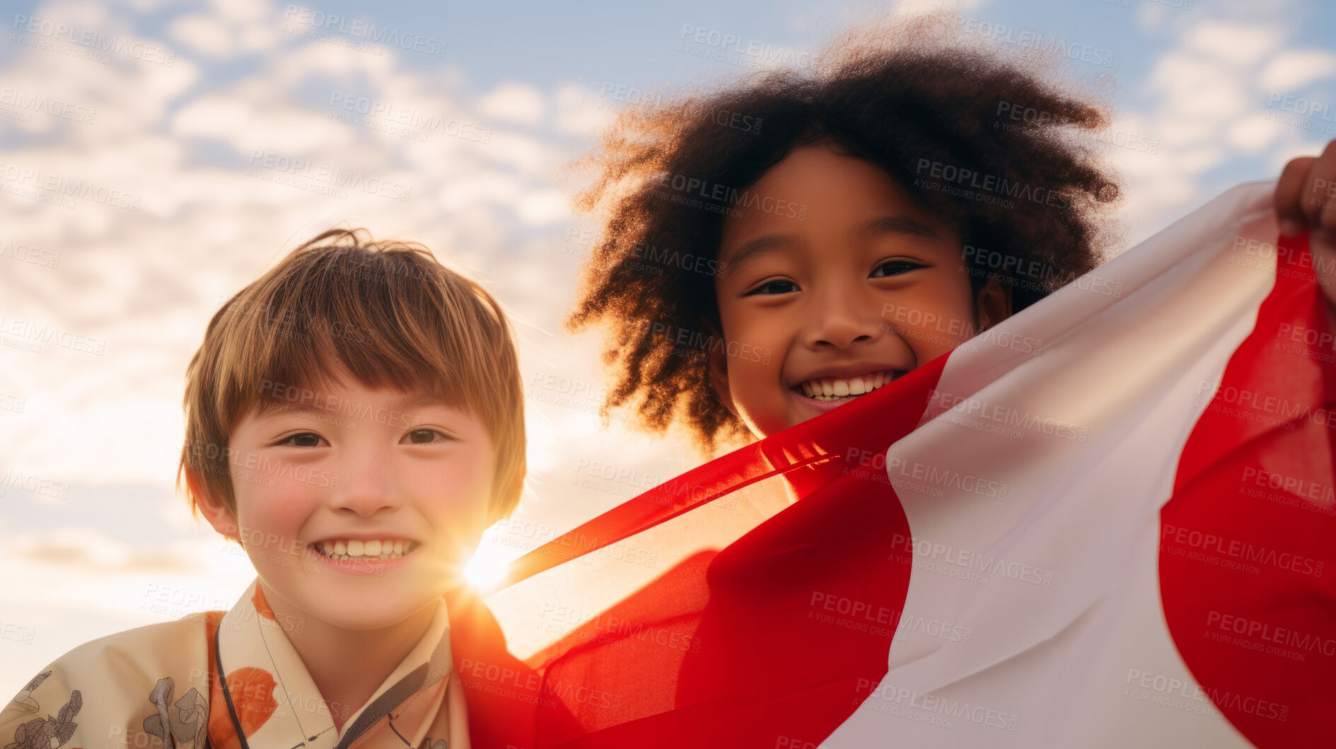 Buy stock photo Group of diverse kids holding a flag. Educate and celebrate different nationalities and countries