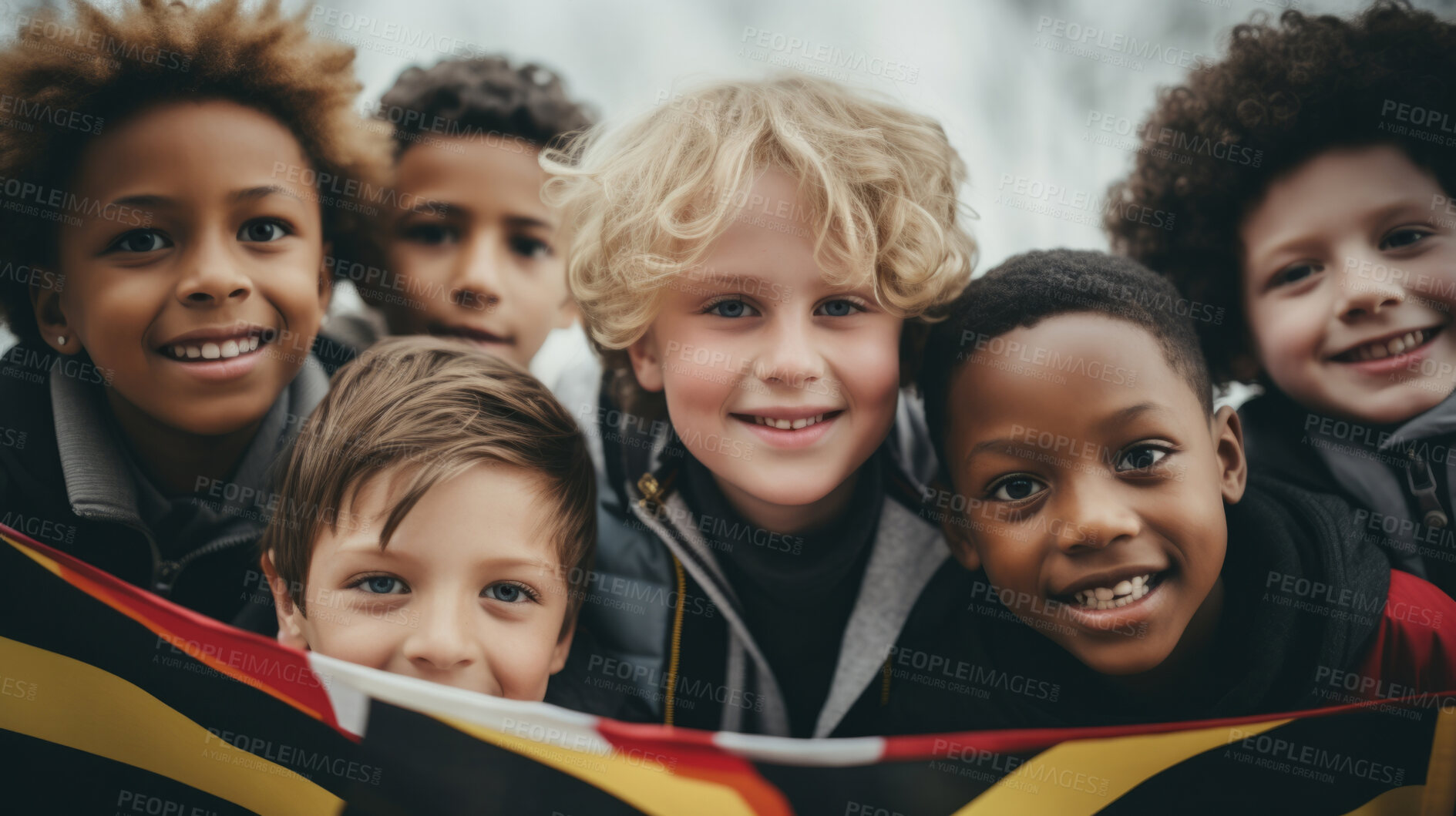 Buy stock photo Group of diverse kids holding a flag. Educate and celebrate different nationalities and countries