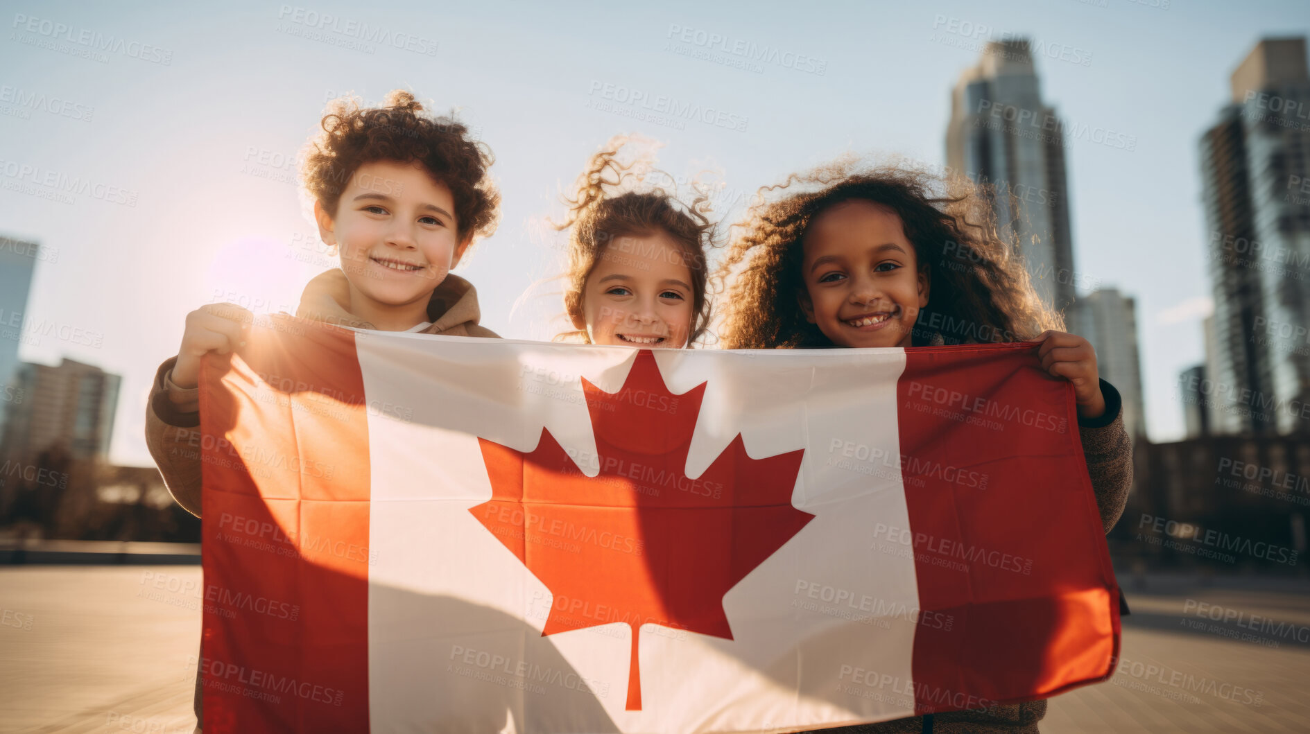 Buy stock photo Group of diverse kids holding a flag. Educate and celebrate different nationalities and countries