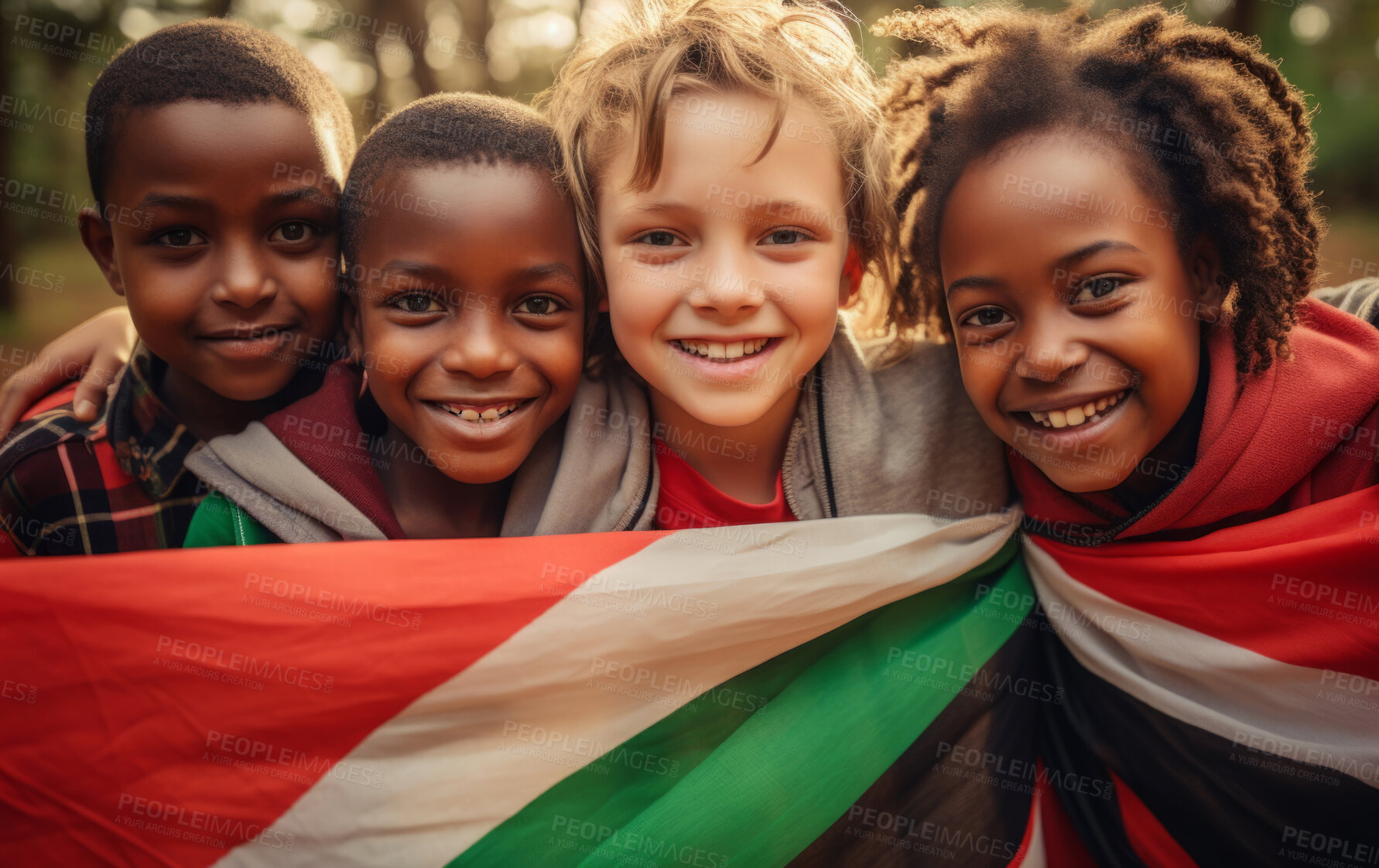 Buy stock photo Group of diverse kids holding a flag. Educate and celebrate different nationalities and countries