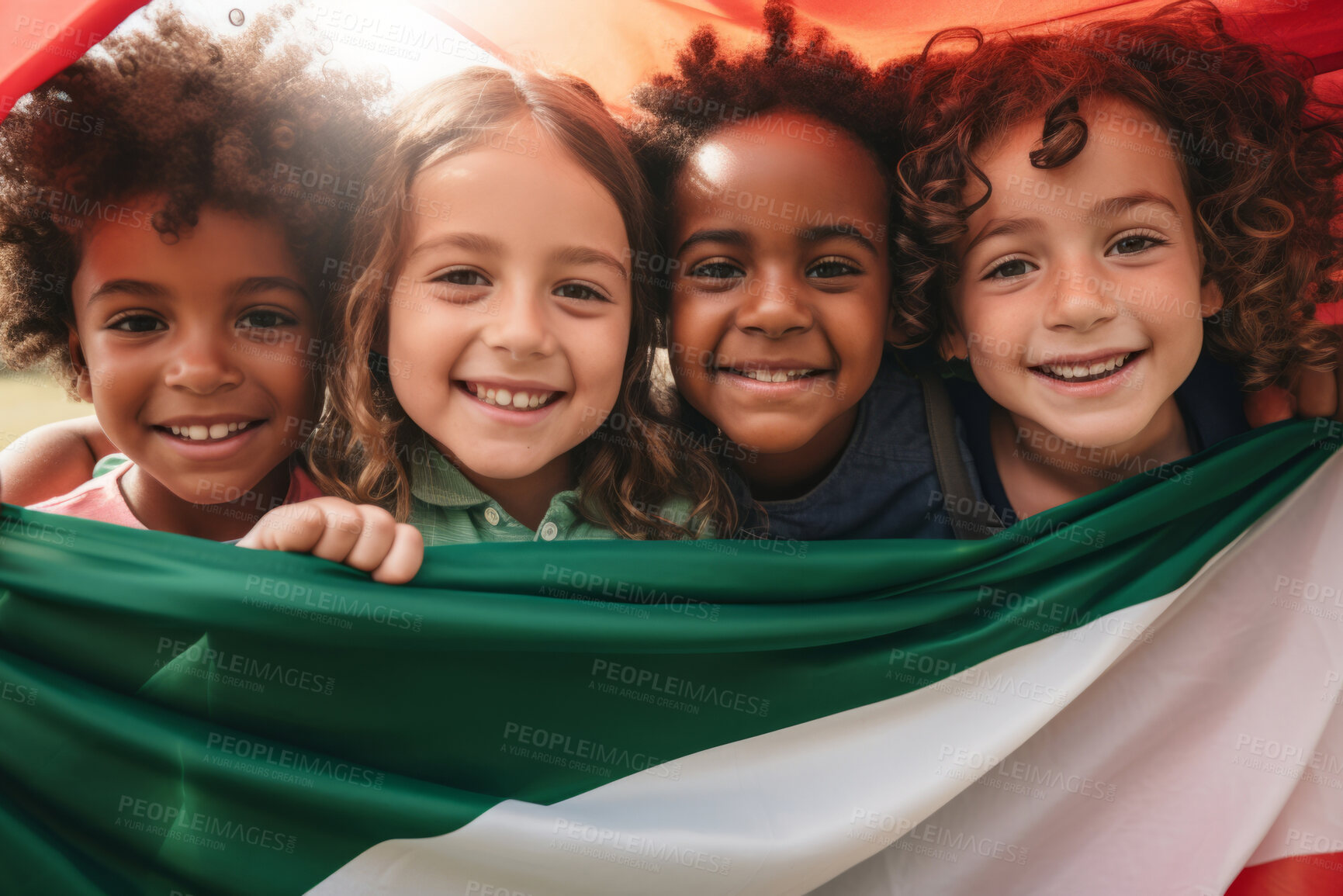 Buy stock photo Group of diverse kids holding a flag. Educate and celebrate different nationalities and countries