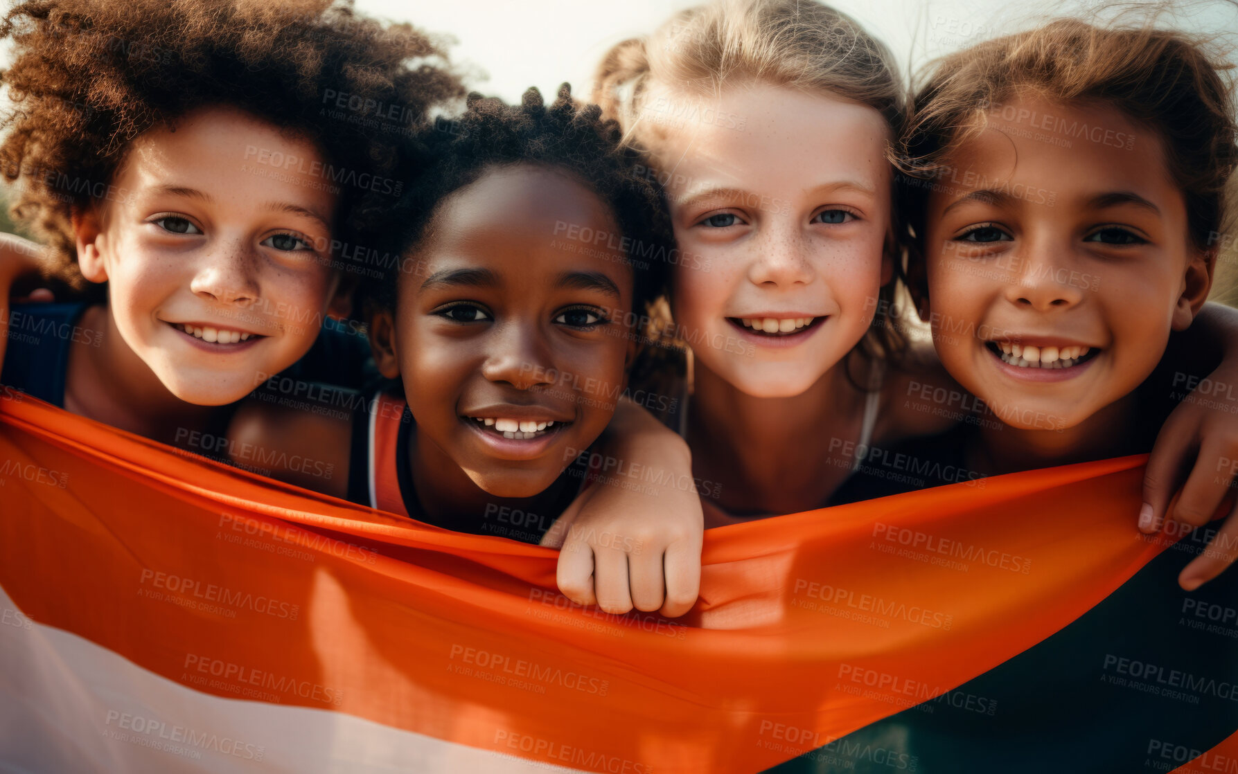 Buy stock photo Group of diverse kids holding a flag. Educate and celebrate different nationalities and countries