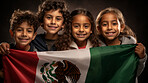 Group of diverse kids holding a flag. Educate and celebrate different nationalities and countries