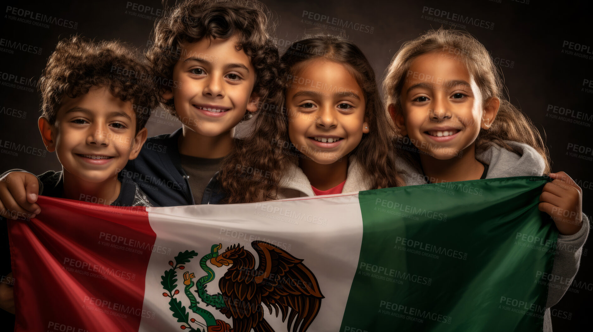 Buy stock photo Group of diverse kids holding a flag. Educate and celebrate different nationalities and countries