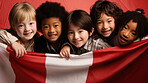 Group of diverse kids holding a flag. Educate and celebrate different nationalities and countries