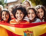 Group of diverse kids holding a flag. Educate and celebrate different nationalities and countries