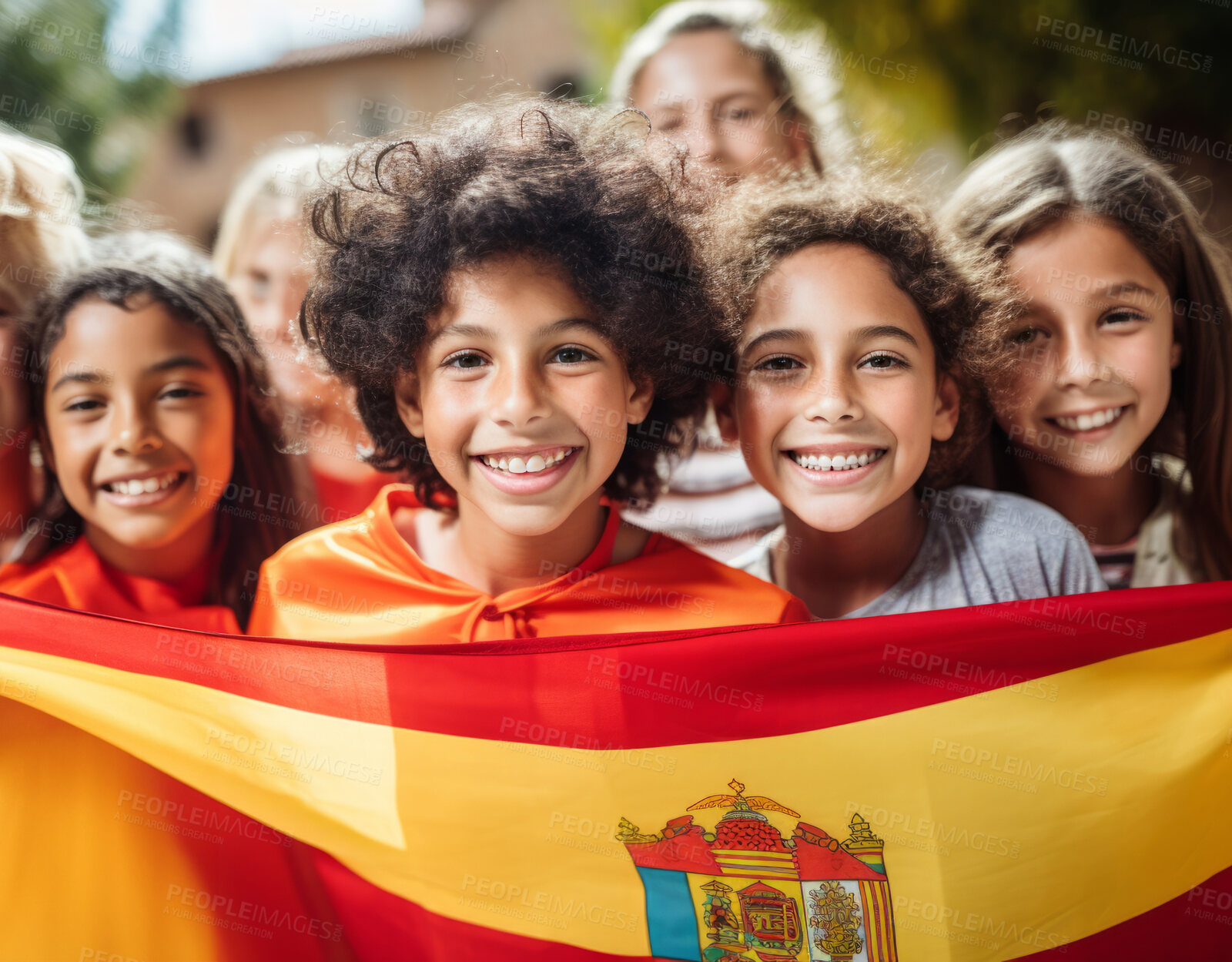 Buy stock photo Group of diverse kids holding a flag. Educate and celebrate different nationalities and countries