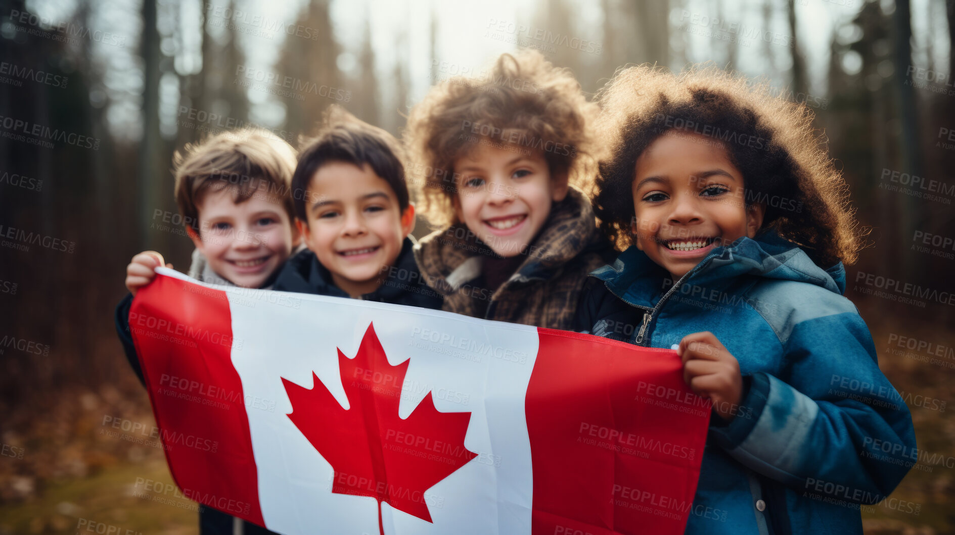 Buy stock photo Group of diverse kids holding a flag. Educate and celebrate different nationalities and countries