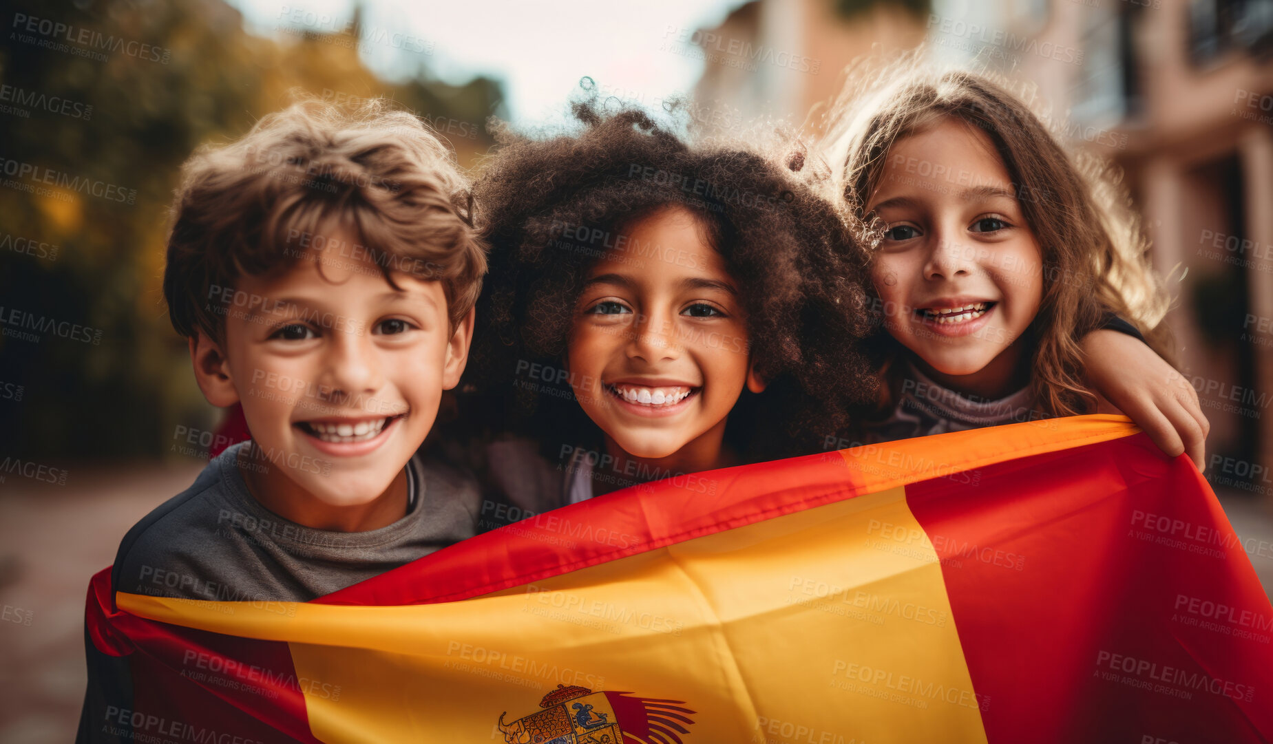 Buy stock photo Group of diverse kids holding a flag. Educate and celebrate different nationalities and countries