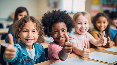 Group of kids in classroom showing thumbs up. Positive happy education