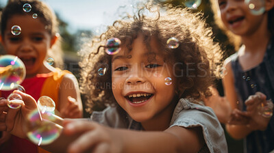 Buy stock photo Group of diverse kids with bubbles. Exciting outdoor weekend fun activity