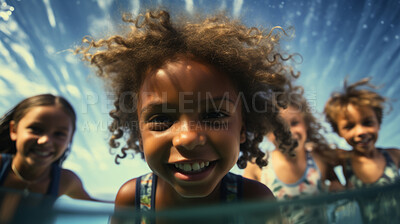 Buy stock photo Group of diverse kids in swimming pool. Safe holiday fun activity