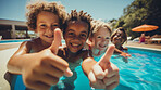 Group of diverse kids in swimming pool. Safe holiday fun activity