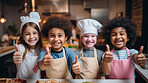 Group of diverse kids in kitchen. Positive happy baking and cooking education