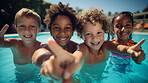 Group of diverse kids in swimming pool. Safe holiday fun activity