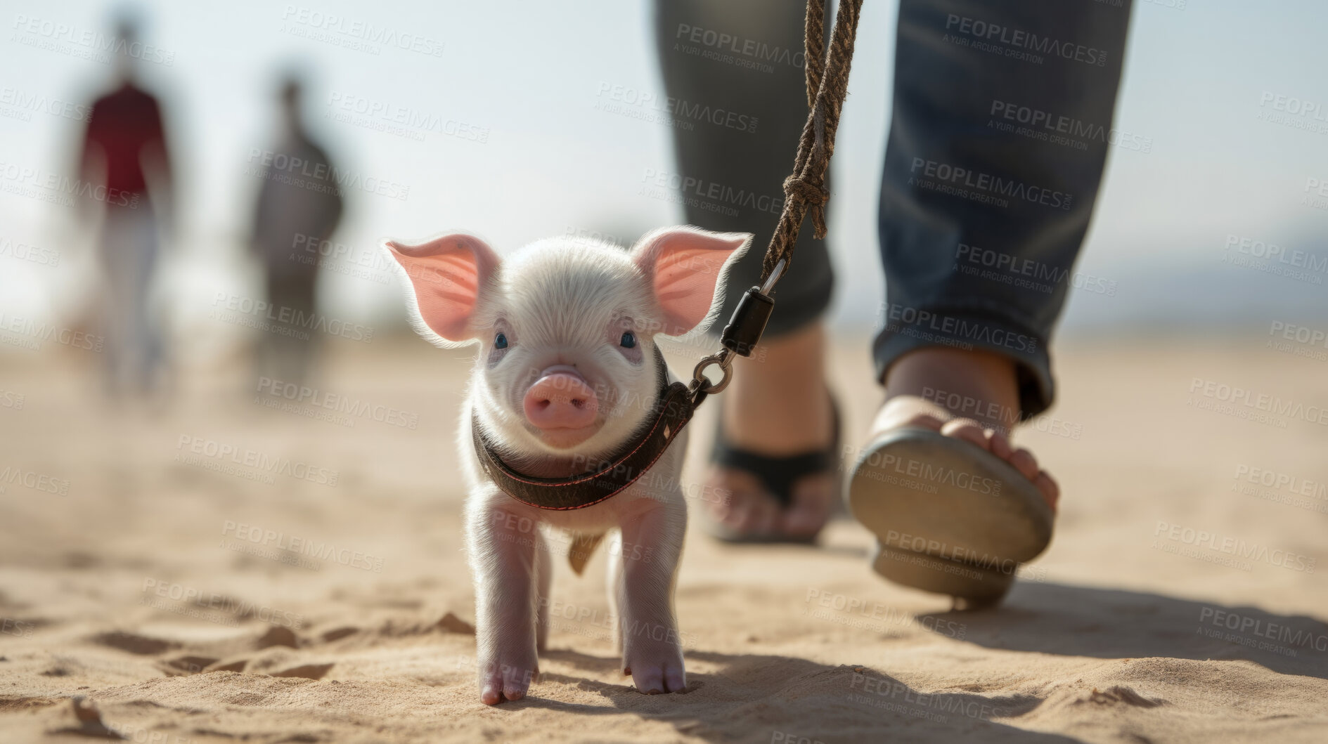 Buy stock photo Piglet walking on a leash. Cute pet gift idea.