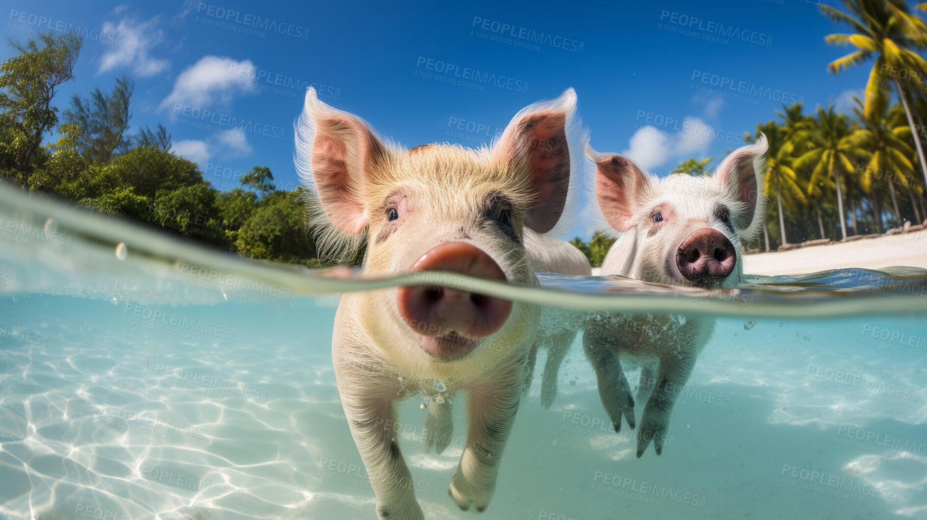 Buy stock photo Pigs swimming in ocean. Travel and tourist attraction. Good life concept