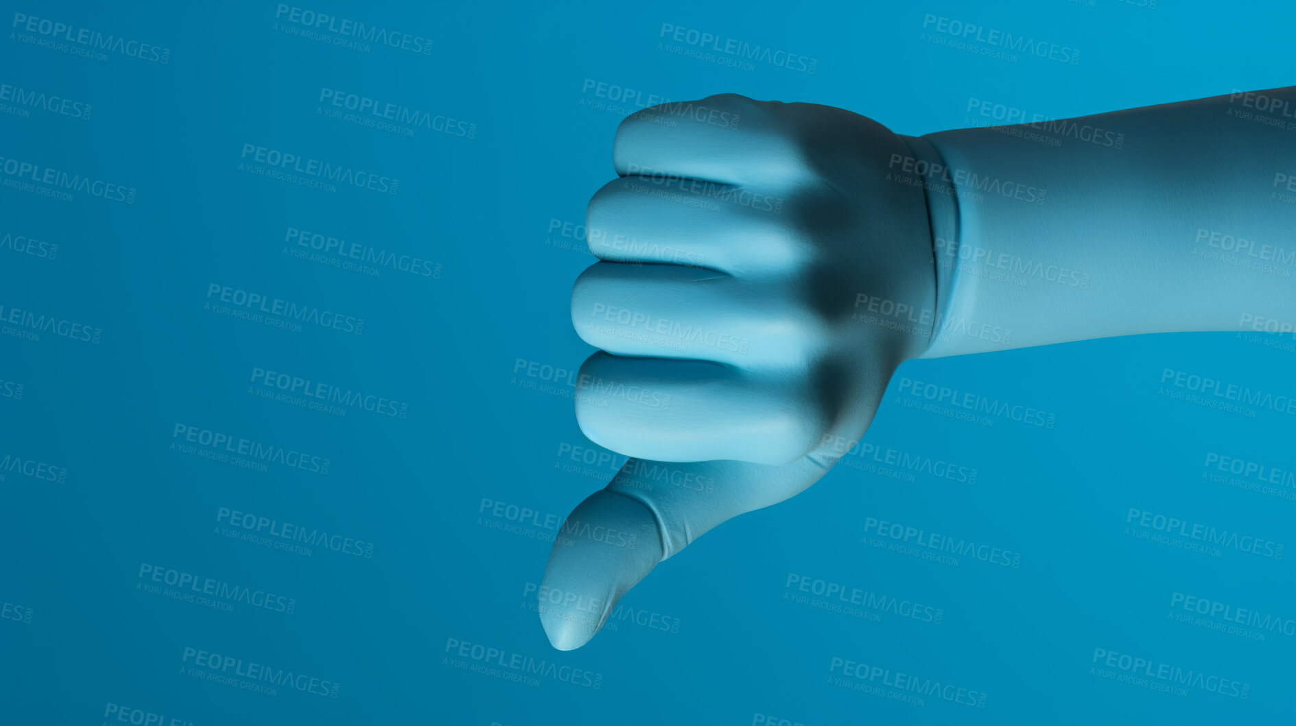 Buy stock photo 3D render of a thumbs down hand gesture to show disapproval or rejection