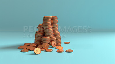 3D render of coins for finance, savings and inflation, against a blue background
