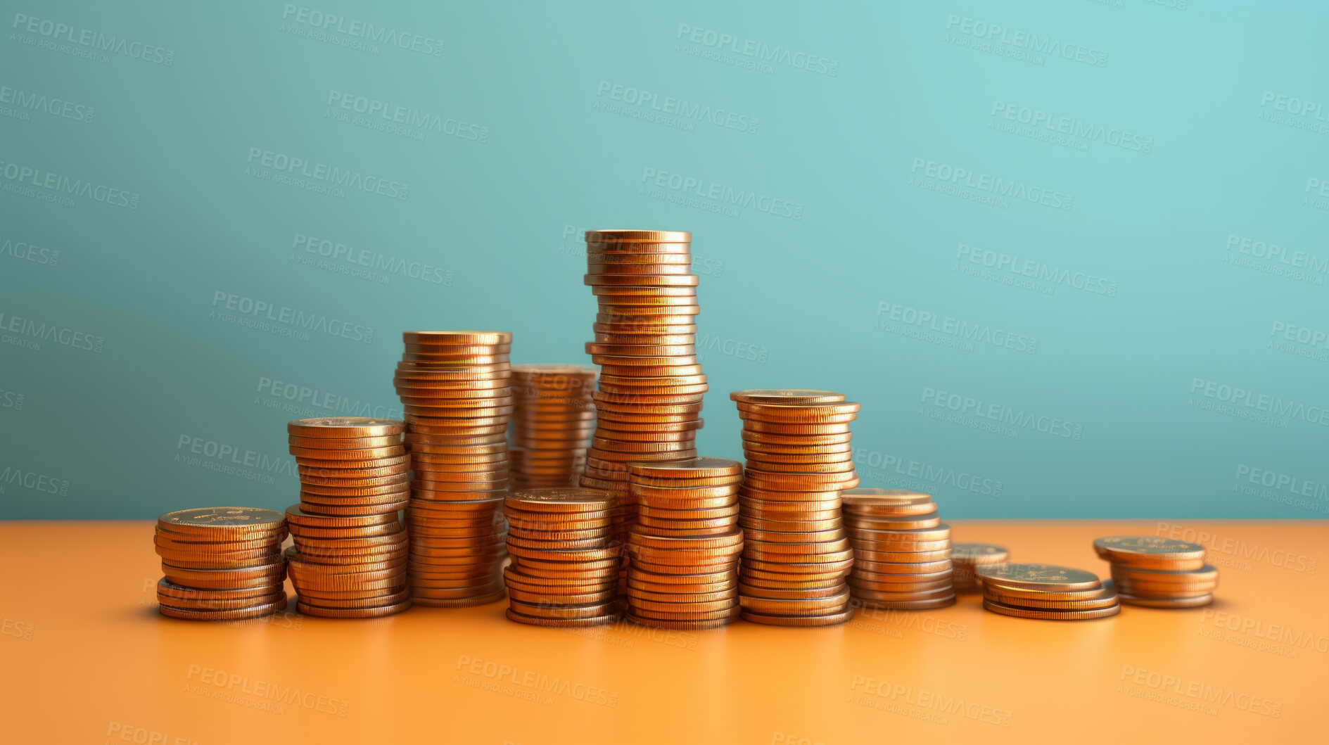 Buy stock photo 3D render of coins for finance, savings and inflation, against a blue background