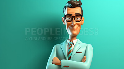 Buy stock photo 3D Cartoon of a businessman or sales person for virtual reality avatar, against teal background