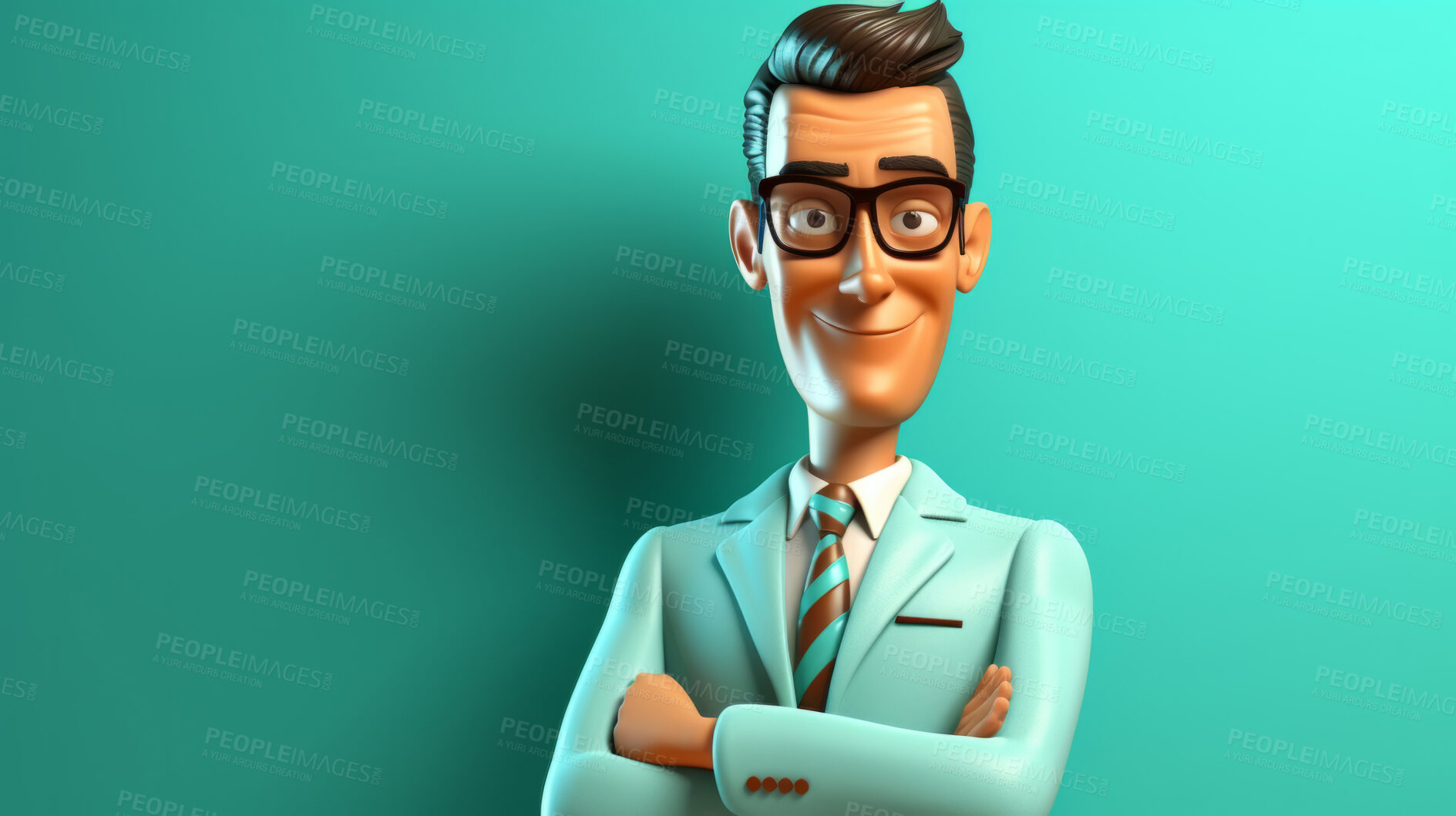 Buy stock photo 3D Cartoon of a businessman or sales person for virtual reality avatar, against teal background