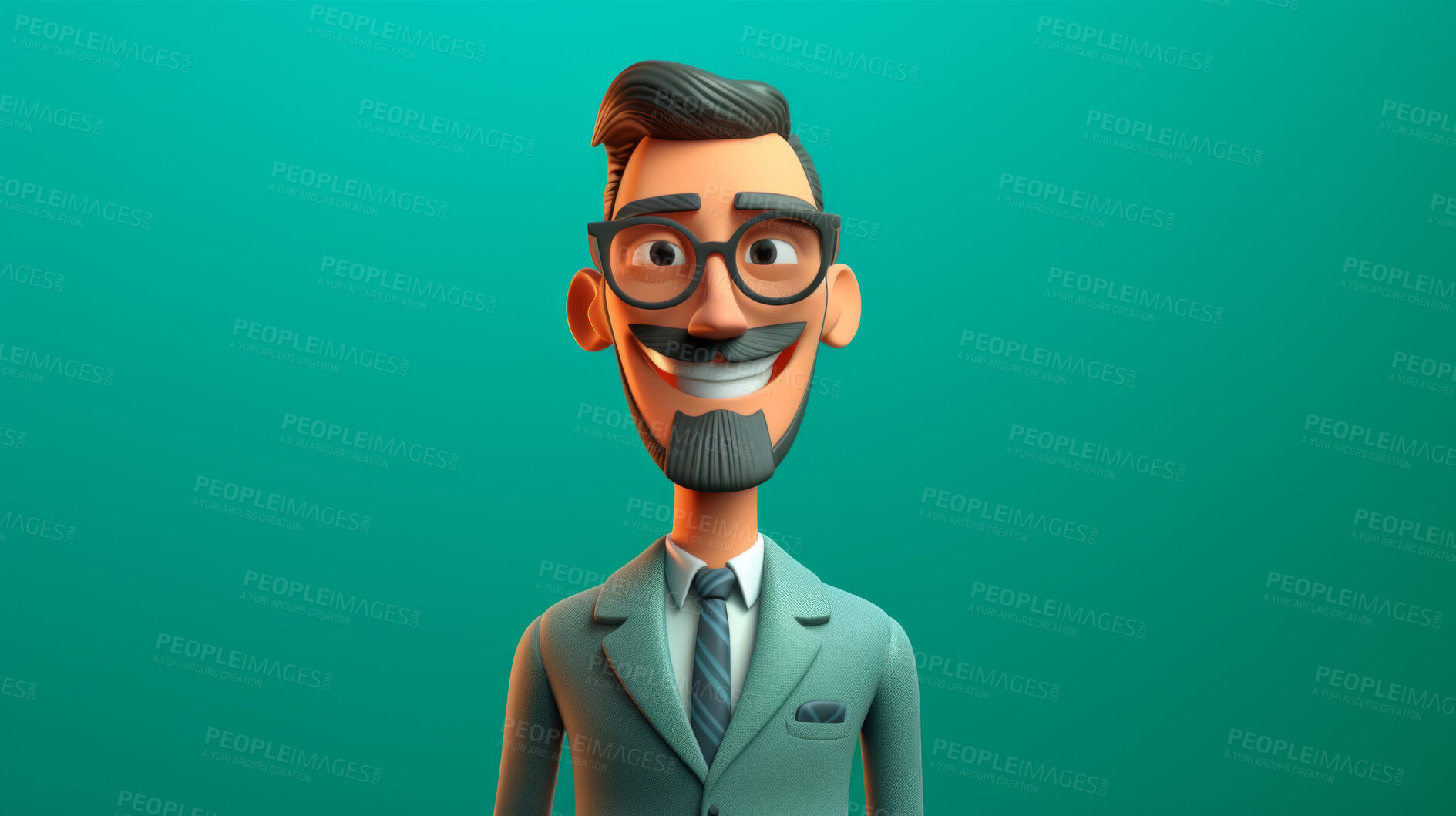 Buy stock photo 3D Cartoon of a businessman or sales person for virtual reality avatar, against teal background