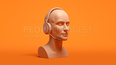 Buy stock photo 3D render of a call centre agent mannequin, wearing a headset against an orange background