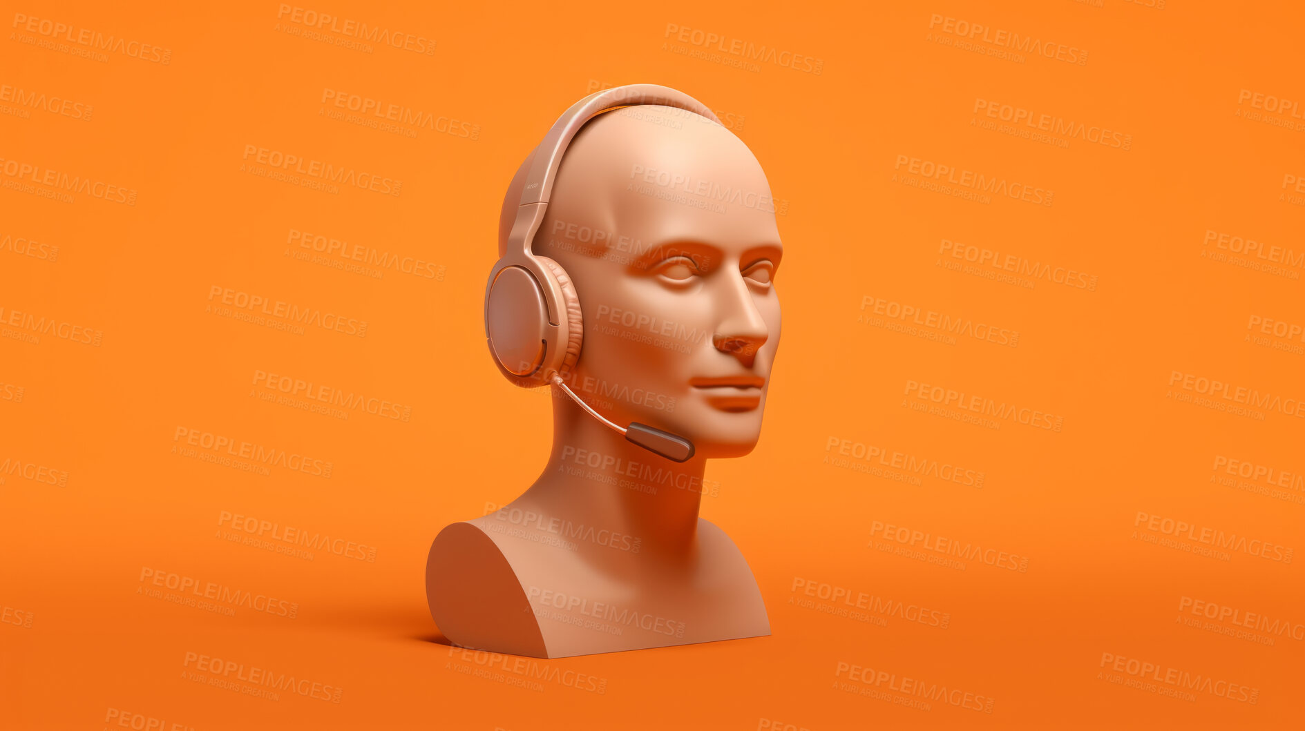 Buy stock photo 3D render of a call centre agent mannequin, wearing a headset against an orange background