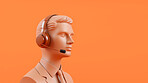 3D render of a call centre agent mannequin, wearing a headset against an orange background
