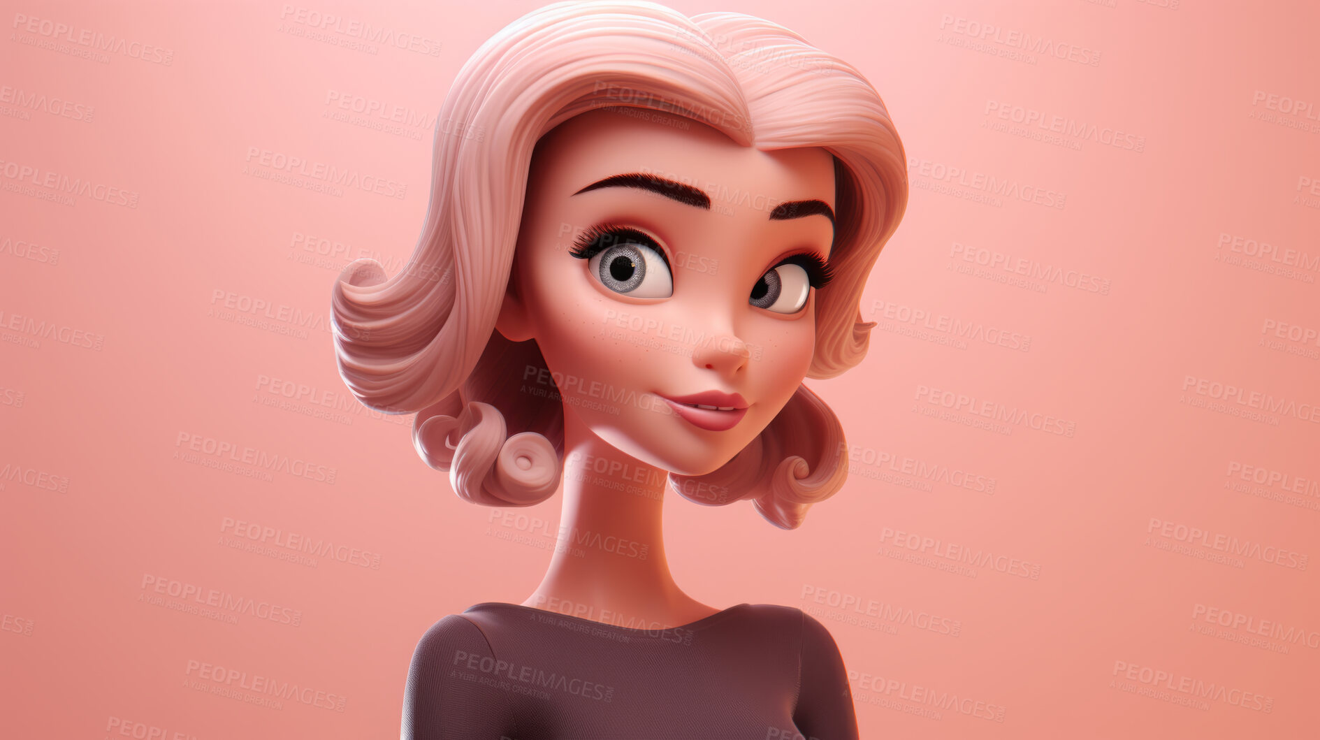 Buy stock photo 3D Cartoon of a woman for virtual reality avatar. Portrait of a girl against a pink background