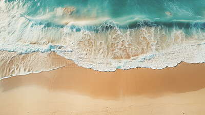 Buy stock photo Aerial drone view of tropical shoreline and waves, clean turquoise beach