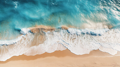 Buy stock photo Aerial drone view of tropical shoreline and waves, clean turquoise beach