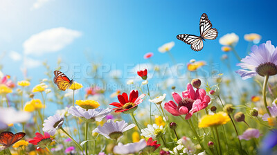 Buy stock photo Beautiful summer background with field of wild flowers and flying butterflies