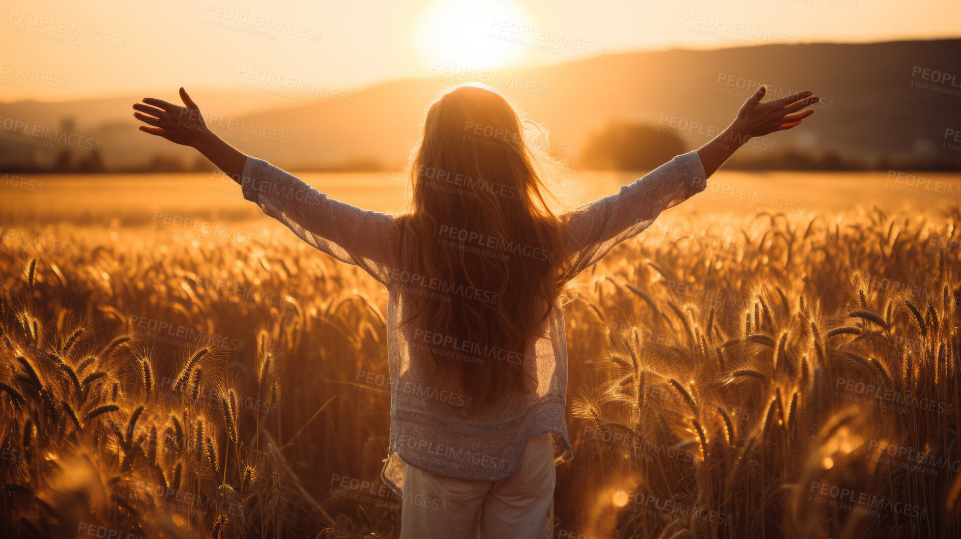 Buy stock photo Happy and joyful woman raising arms in a rural field. Woman praising or worship in sunset