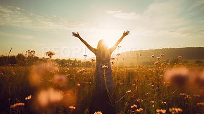 Buy stock photo Happy and joyful woman raising arms in a rural field. Woman praising or worship in sunset