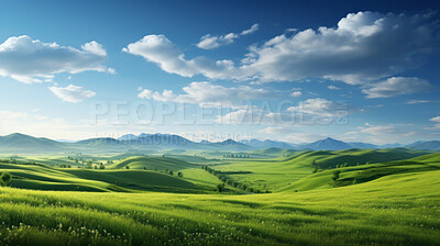 Natural panorama green field with cloudy blue sky. Greenland background