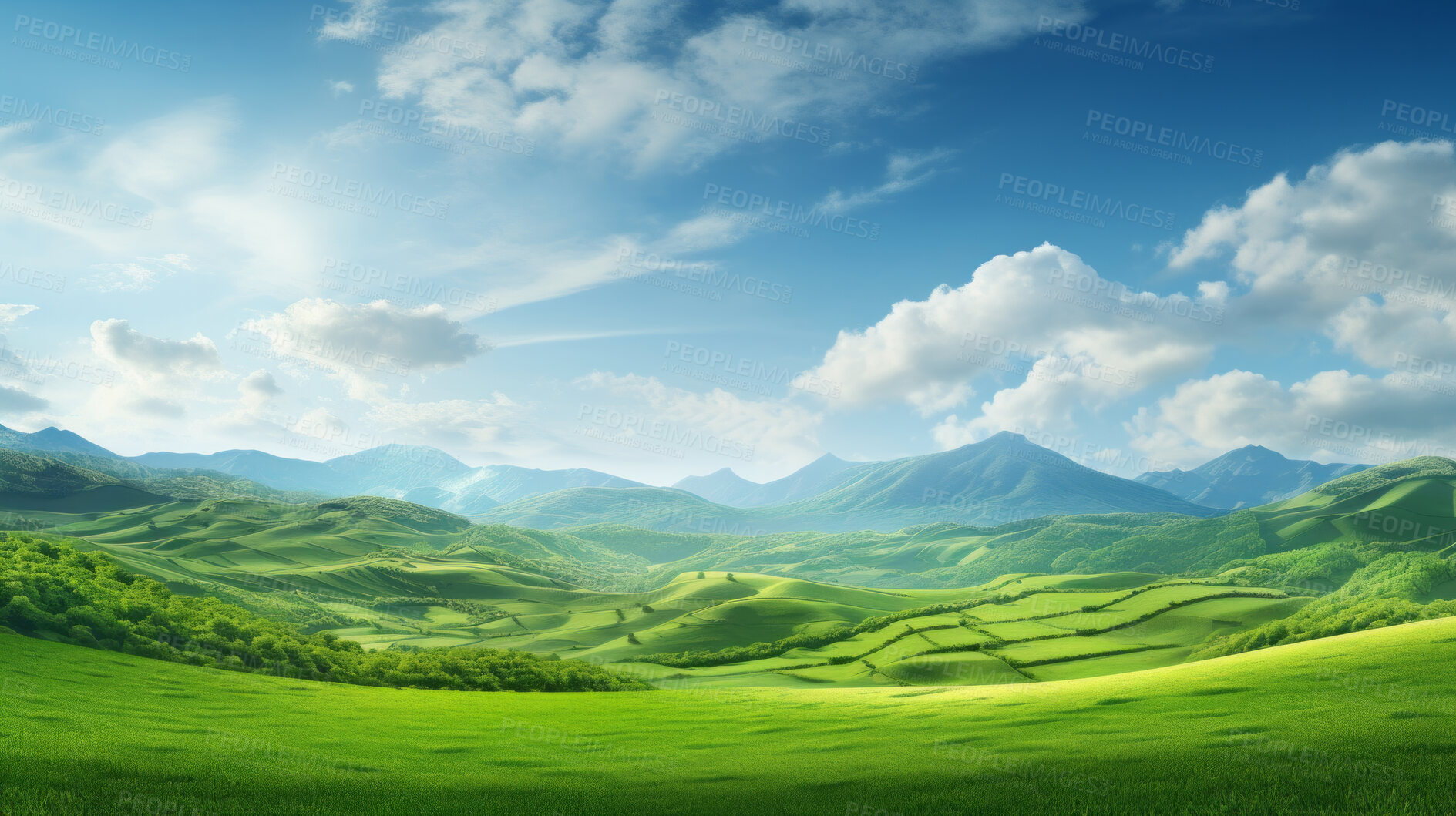 Buy stock photo Natural panorama green field with cloudy blue sky. Greenland background