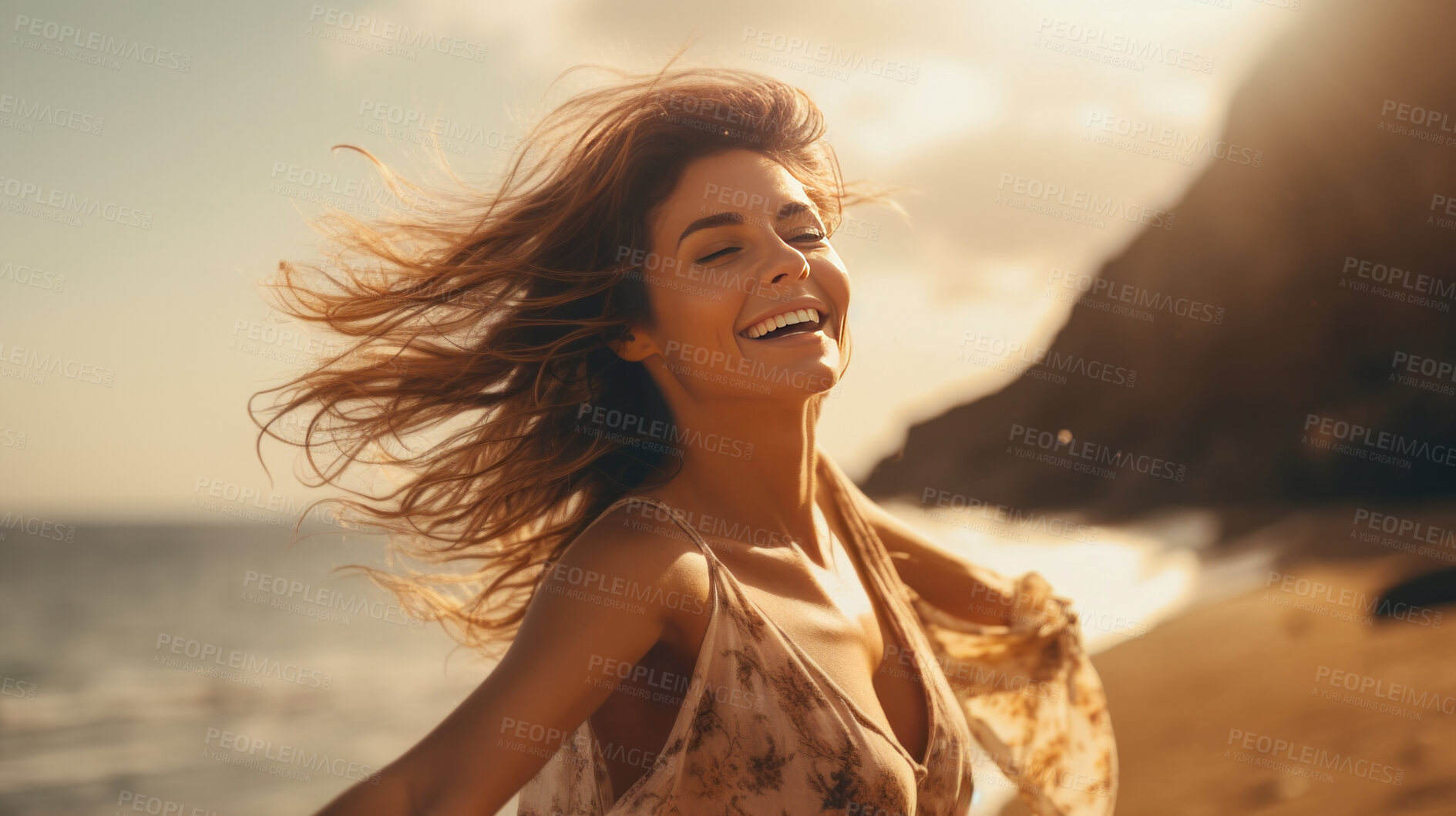 Buy stock photo Portrait of a young woman at the beach enjoying free time and freedom outdoors